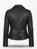 Rear view of black leather biker jacket showing quilted shoulder details and fitted back paneling. The Scarlett by Maverick Jacket.