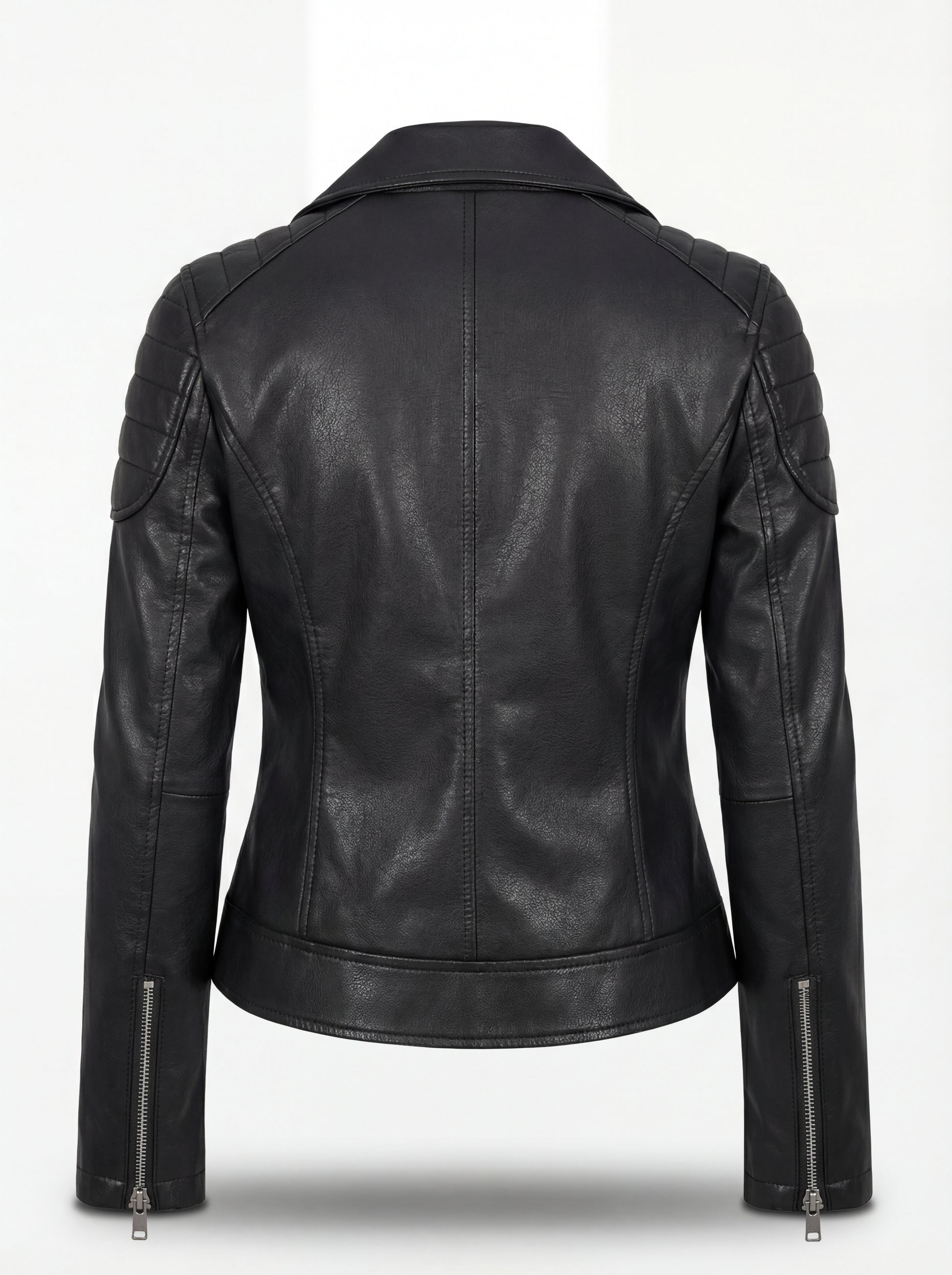 Rear view of black leather biker jacket showing quilted shoulder details and fitted back paneling. The Scarlett by Maverick Jacket.