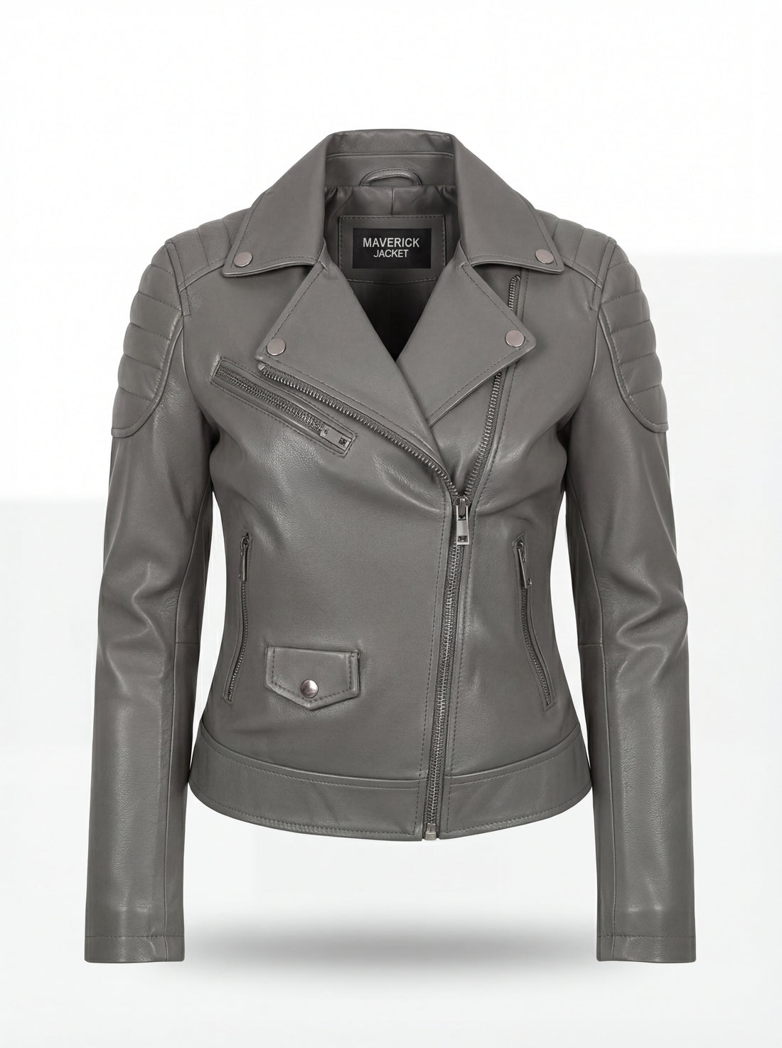 Women's grey leather biker jacket with quilted shoulder panels and asymmetrical silver zipper, Front View. The Morrigan by Maverick Jacket.
