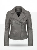 Women's grey leather biker jacket with quilted shoulder panels and asymmetrical silver zipper, Front View. The Morrigan by Maverick Jacket.