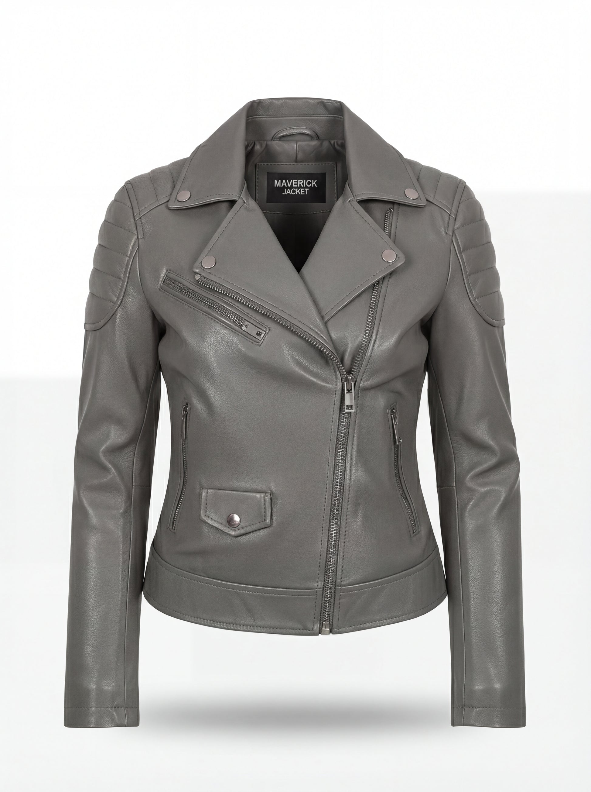 Women's grey leather biker jacket with quilted shoulder panels and asymmetrical silver zipper, Front View. The Morrigan by Maverick Jacket.