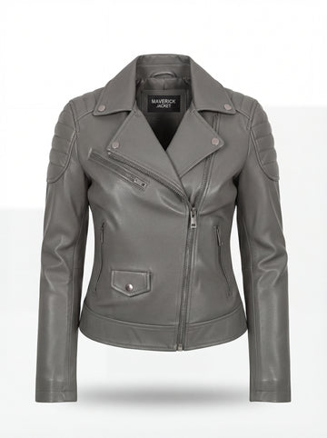 Women's grey leather biker jacket with quilted shoulder panels and asymmetrical silver zipper, Front View. The Morrigan by Maverick Jacket.