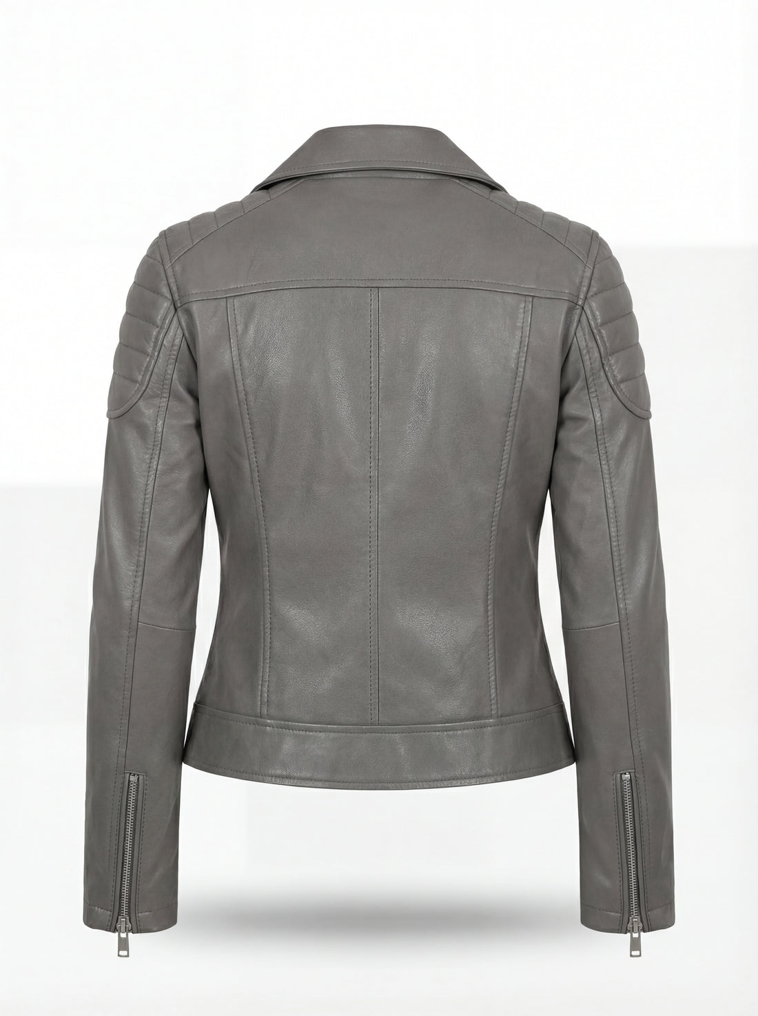 Women's grey leather biker jacket with quilted shoulder panels and asymmetrical silver zipper, Front View. The Morrigan by Maverick Jacket.