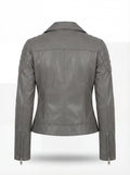 Rear view of grey leather biker jacket showing quilted shoulder details and fitted back paneling. The Morrigan by Maverick Jacket.