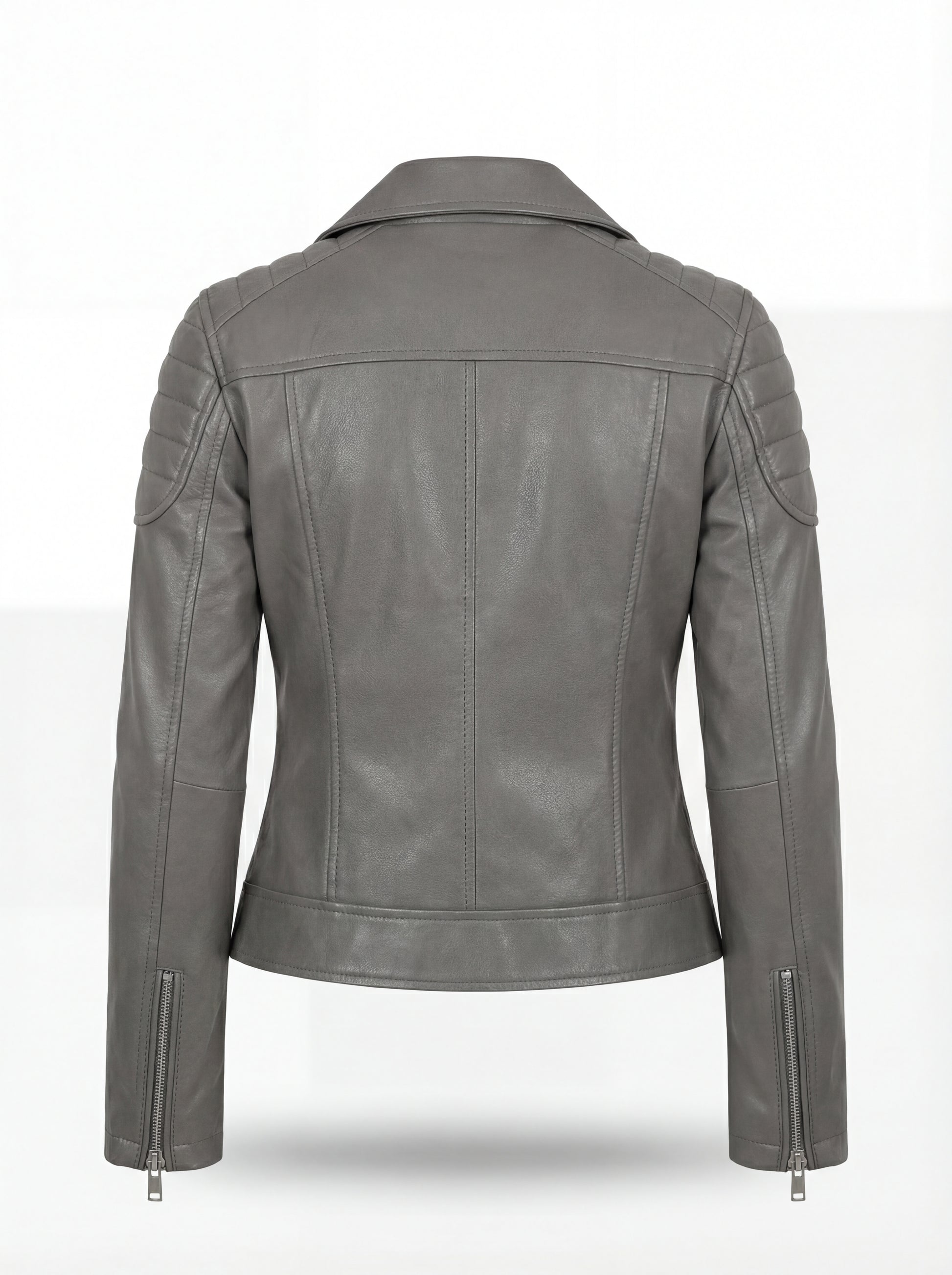 Rear view of grey leather biker jacket showing quilted shoulder details and fitted back paneling. The Morrigan by Maverick Jacket.