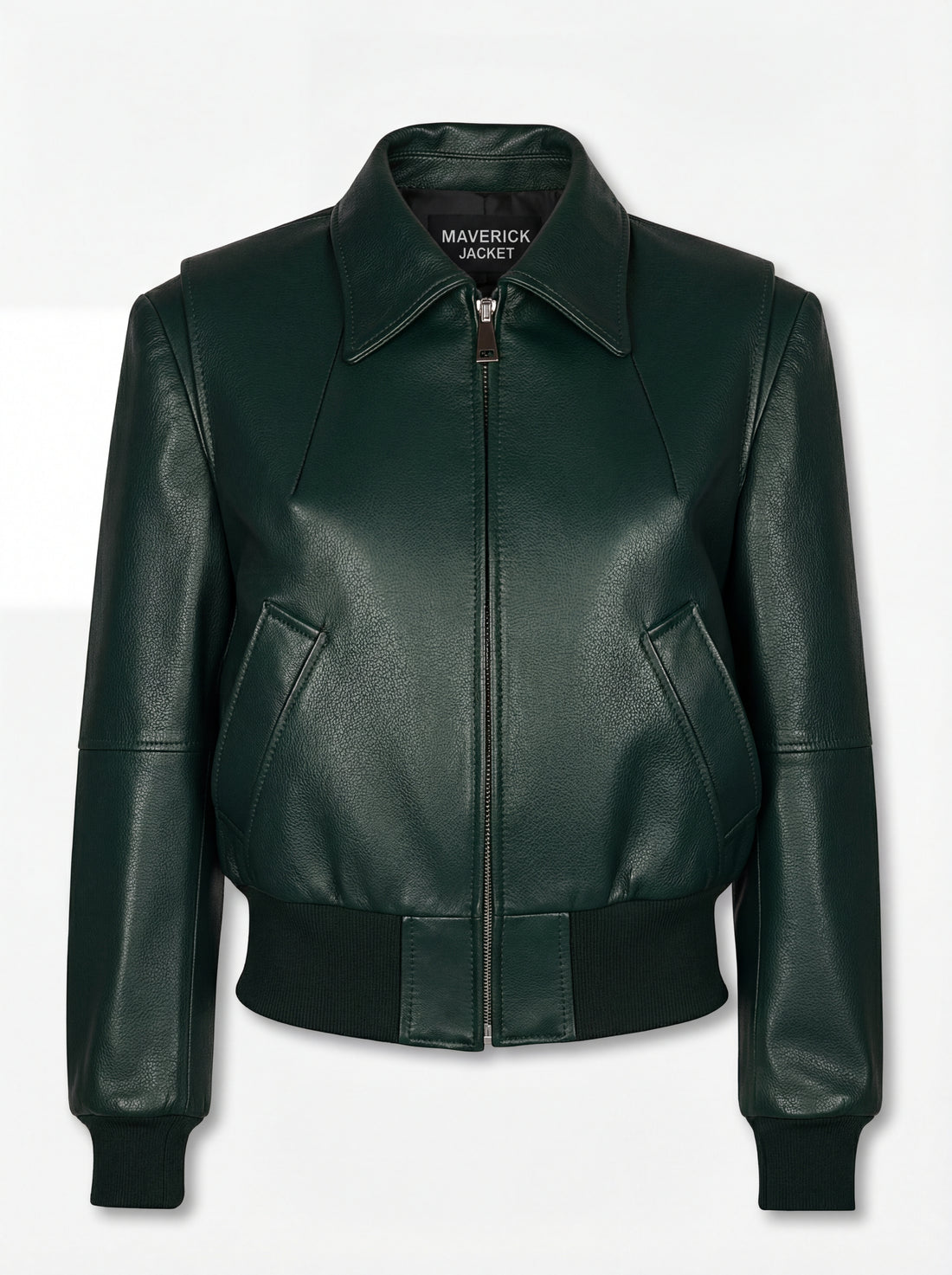 Women's green leather bomber jacket with ribbed knit waistband and pointed shirt collar, Front View. The Isla by Maverick Jacket.