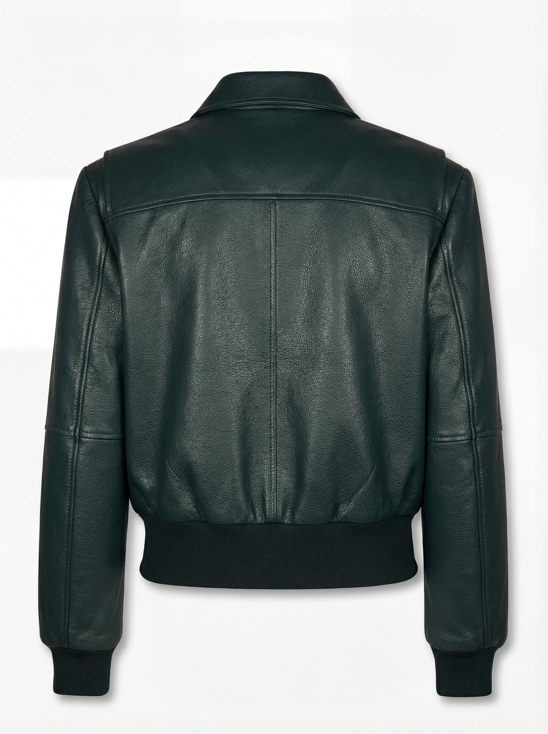 Women's green leather bomber jacket with ribbed knit waistband and pointed shirt collar, Front View. The Isla by Maverick Jacket.