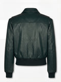 Rear view of green leather bomber jacket showing vertical back seam and elasticated ribbed hem. The Isla by Maverick Jacket.