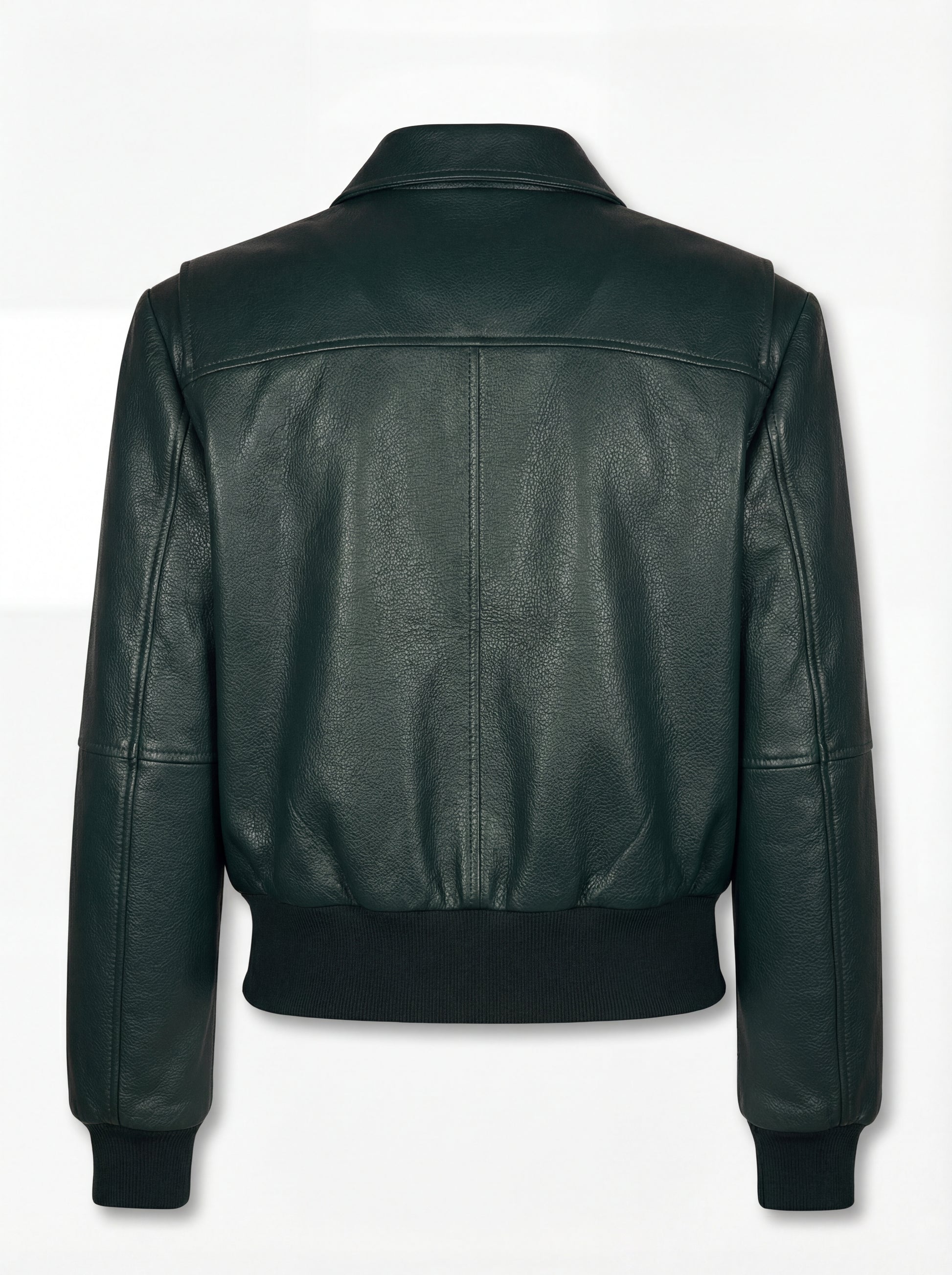 Rear view of green leather bomber jacket showing vertical back seam and elasticated ribbed hem. The Isla by Maverick Jacket.