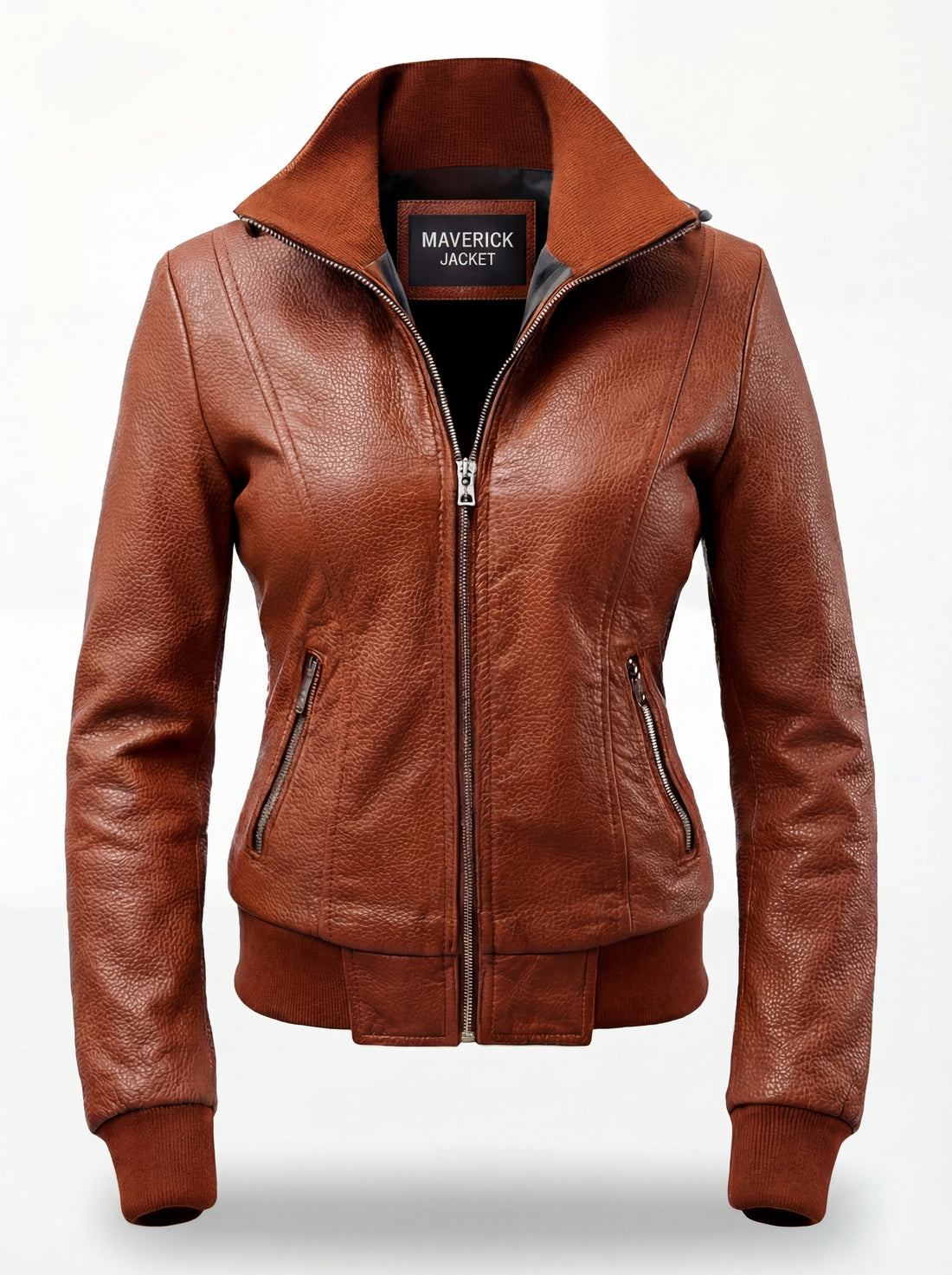 Women's tan leather bomber jacket with ribbed knit standing collar and zippered waist pockets, Front View. The Blair by Maverick Jacket.