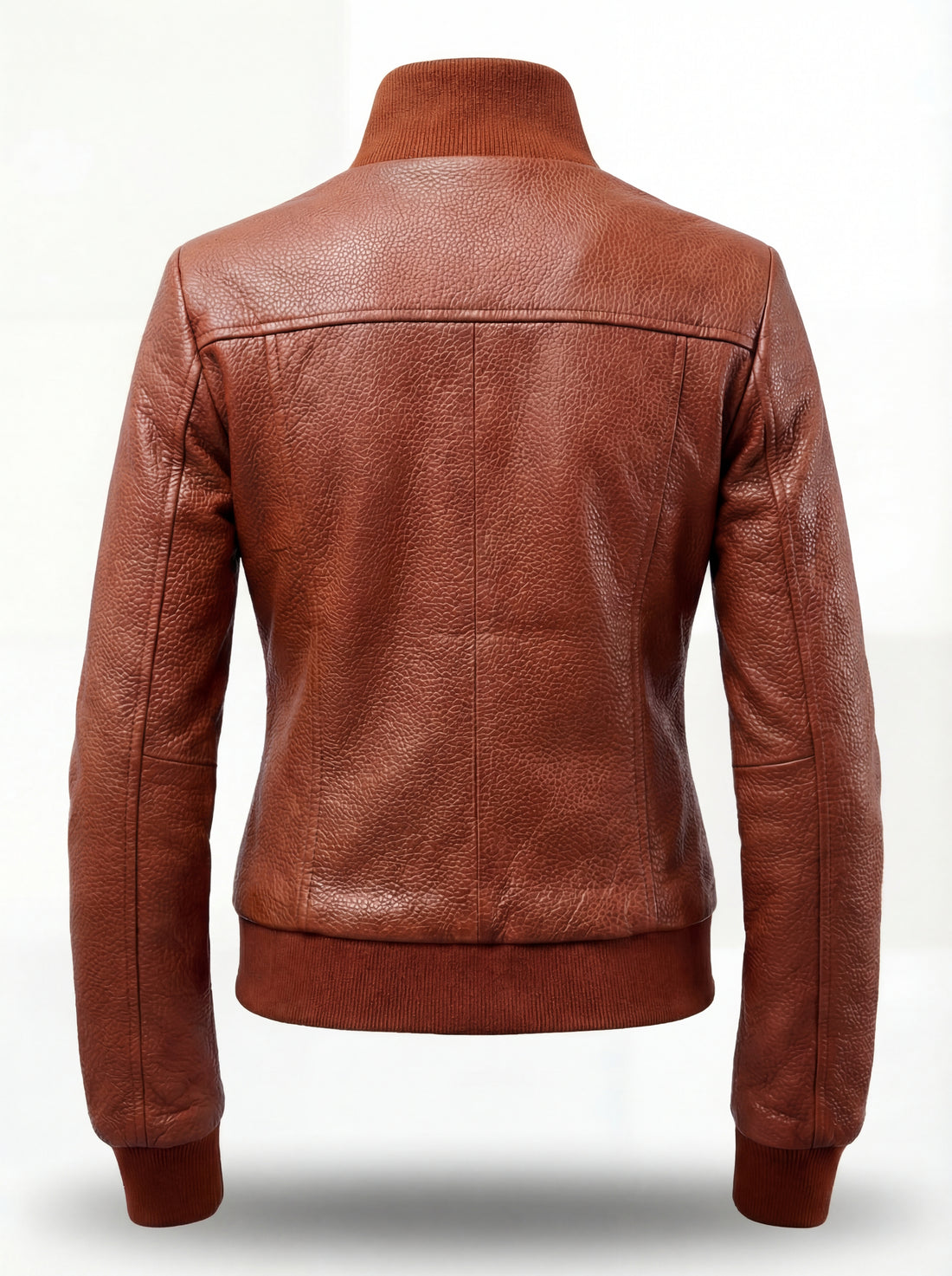 Women's tan leather bomber jacket with ribbed knit standing collar and zippered waist pockets, Front View. The Blair by Maverick Jacket.