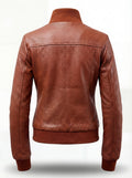 Rear view of tan leather bomber jacket showing horizontal back yoke and elasticated ribbed hem. The Blair by Maverick Jacket.