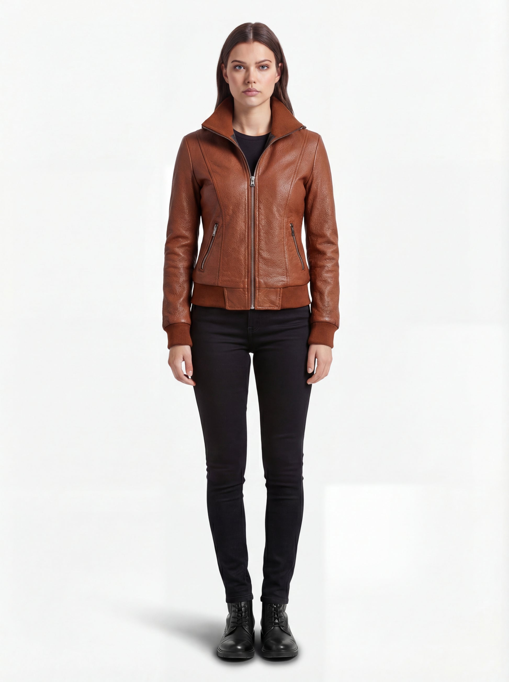 Female model wearing Maverick Blair leather bomber jacket, slim fit, styled with black skinny jeans. Maverick Jacket.