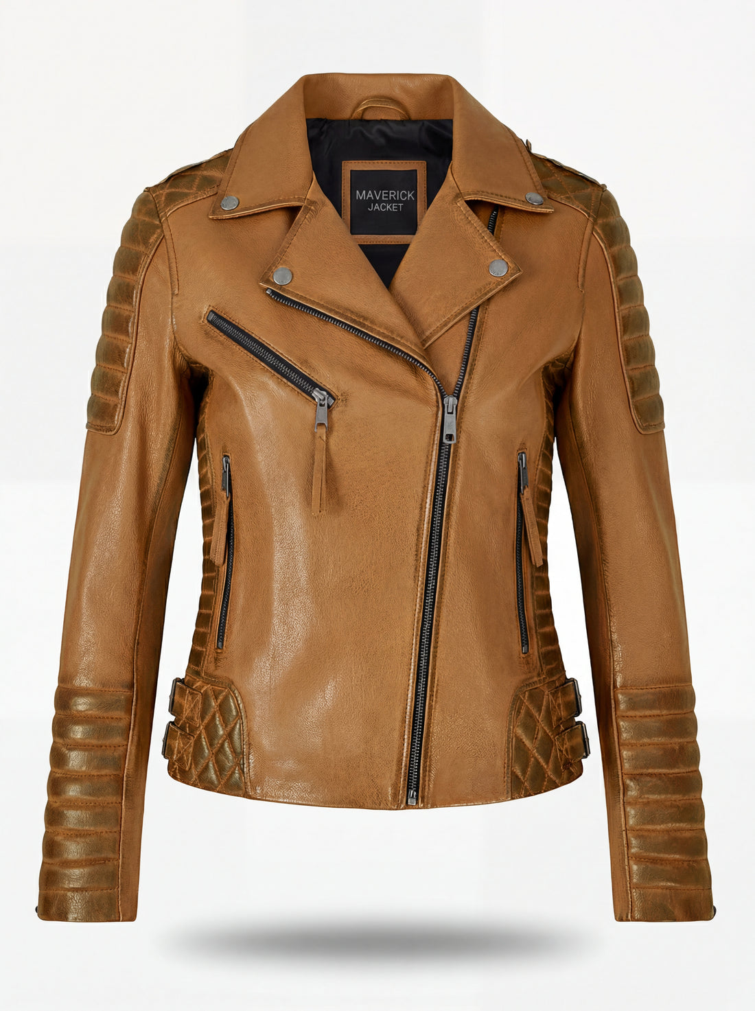 Women's tan leather biker jacket with diamond quilted shoulder panels and asymmetrical silver zipper, Front View. The Ava by Maverick Jacket.