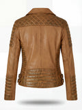 Rear view of tan leather biker jacket showing diamond quilted yoke and ribbed lower back panel. The Ava by Maverick Jacket.