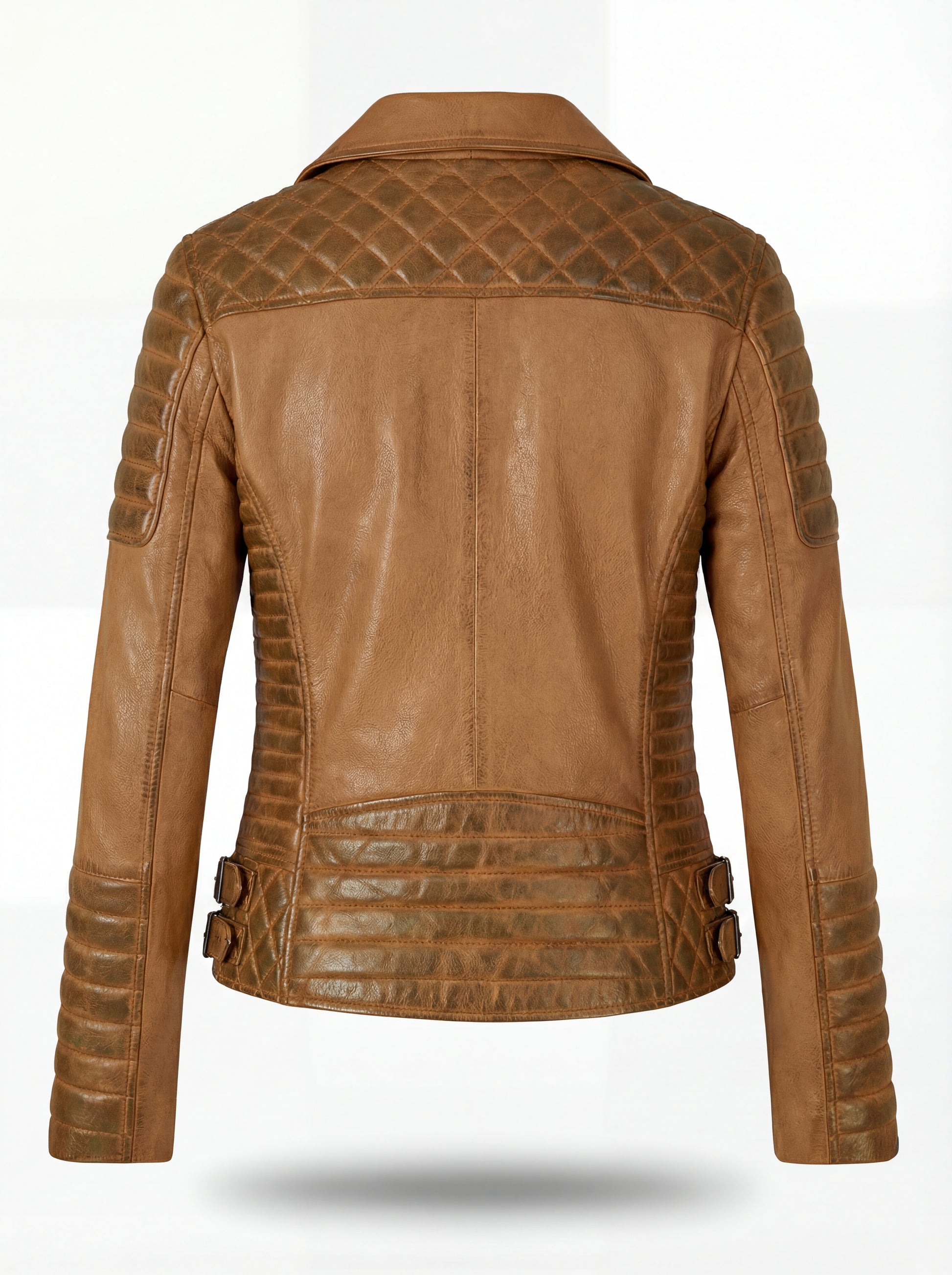 Rear view of tan leather biker jacket showing diamond quilted yoke and ribbed lower back panel. The Ava by Maverick Jacket.