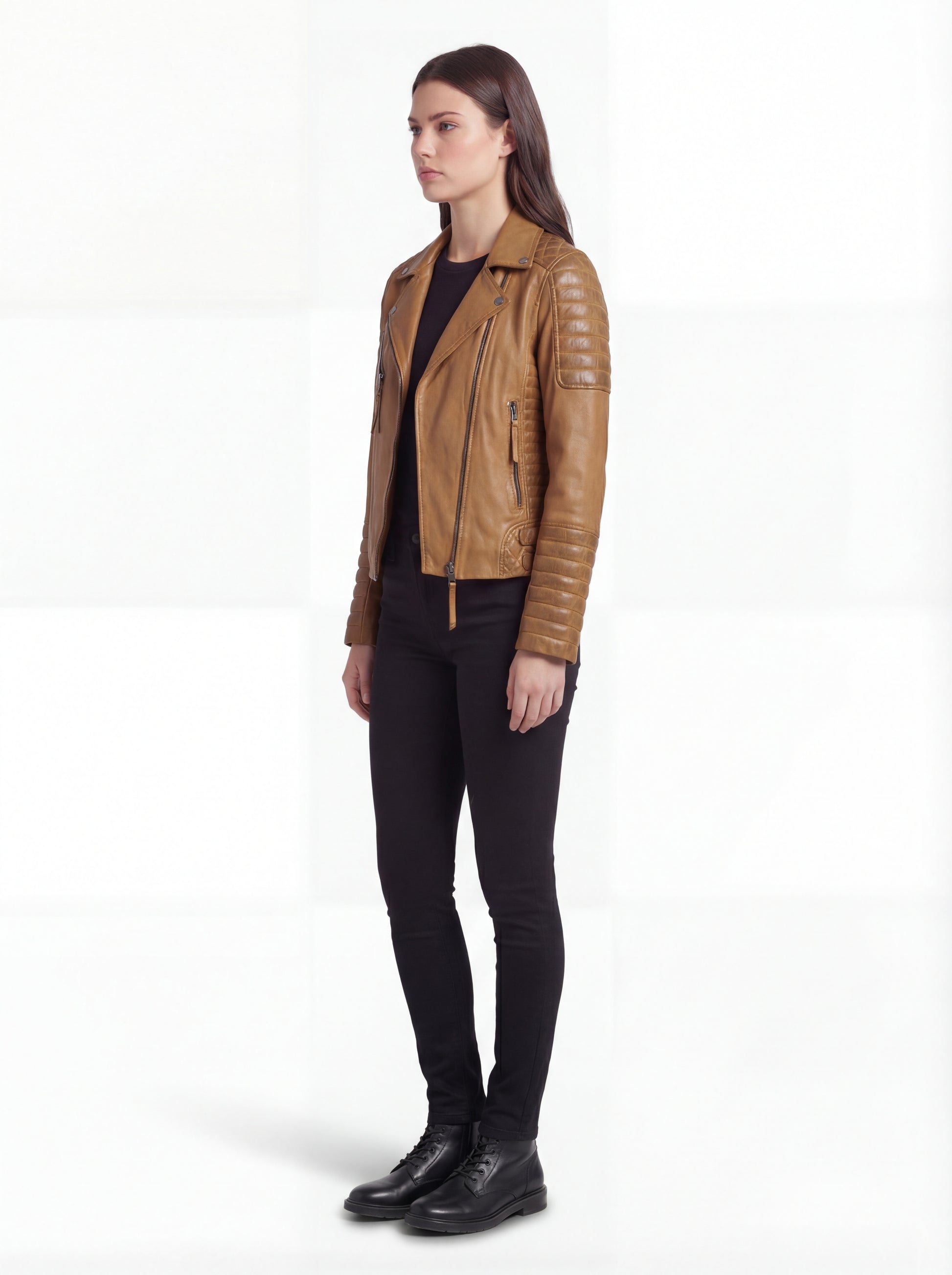 Side profile of Maverick Ava biker jacket showing ribbed sleeve panels and fitted waist silhouette. Maverick Jacket.