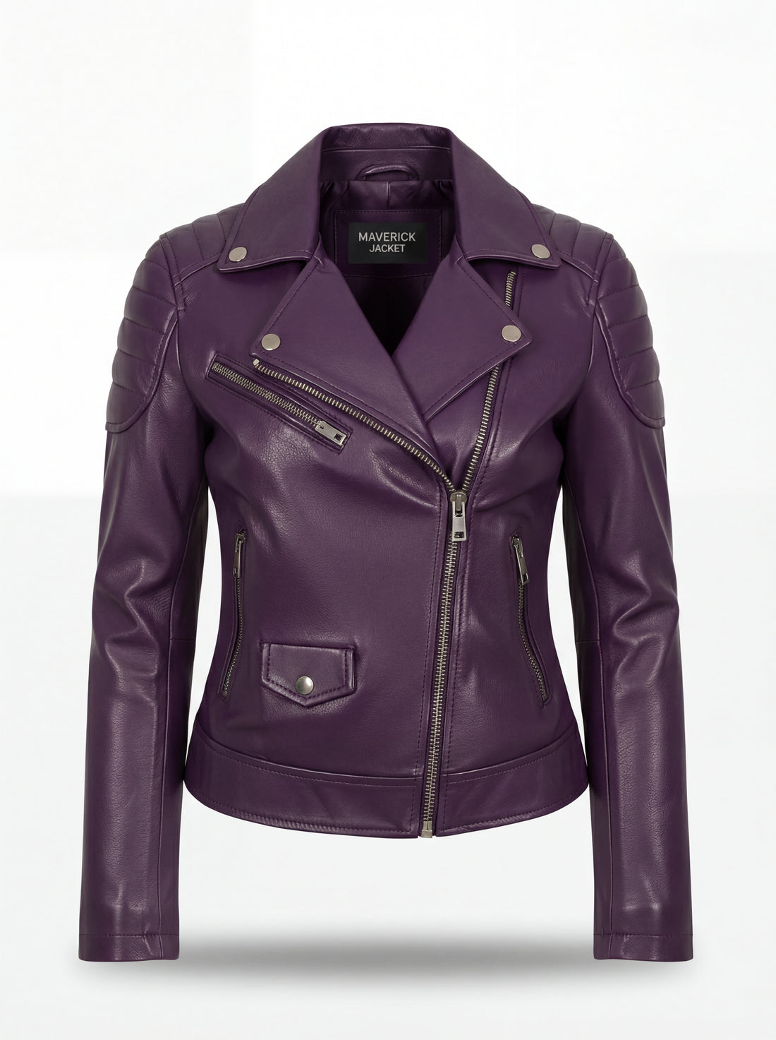 Women's purple leather biker jacket with quilted shoulder panels and asymmetrical silver zipper, Front View. The Iris by Maverick Jacket.