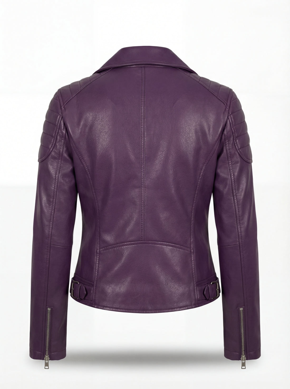Women's purple leather biker jacket with quilted shoulder panels and asymmetrical silver zipper, Front View. The Iris by Maverick Jacket.