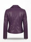 Rear view of purple leather biker jacket showing quilted shoulder details and adjustable side waist buckles. The Iris by Maverick Jacket.