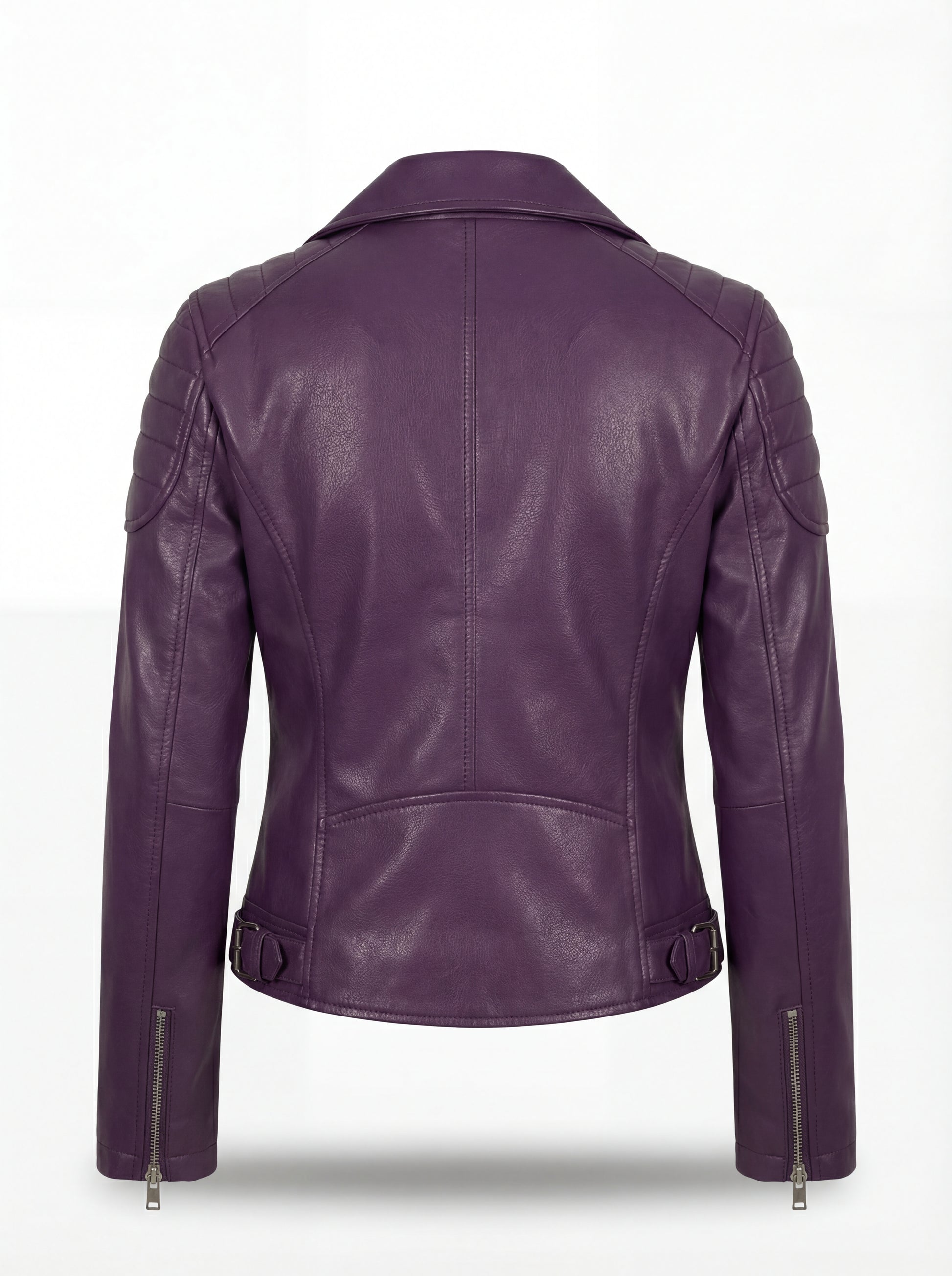 Rear view of purple leather biker jacket showing quilted shoulder details and adjustable side waist buckles. The Iris by Maverick Jacket.