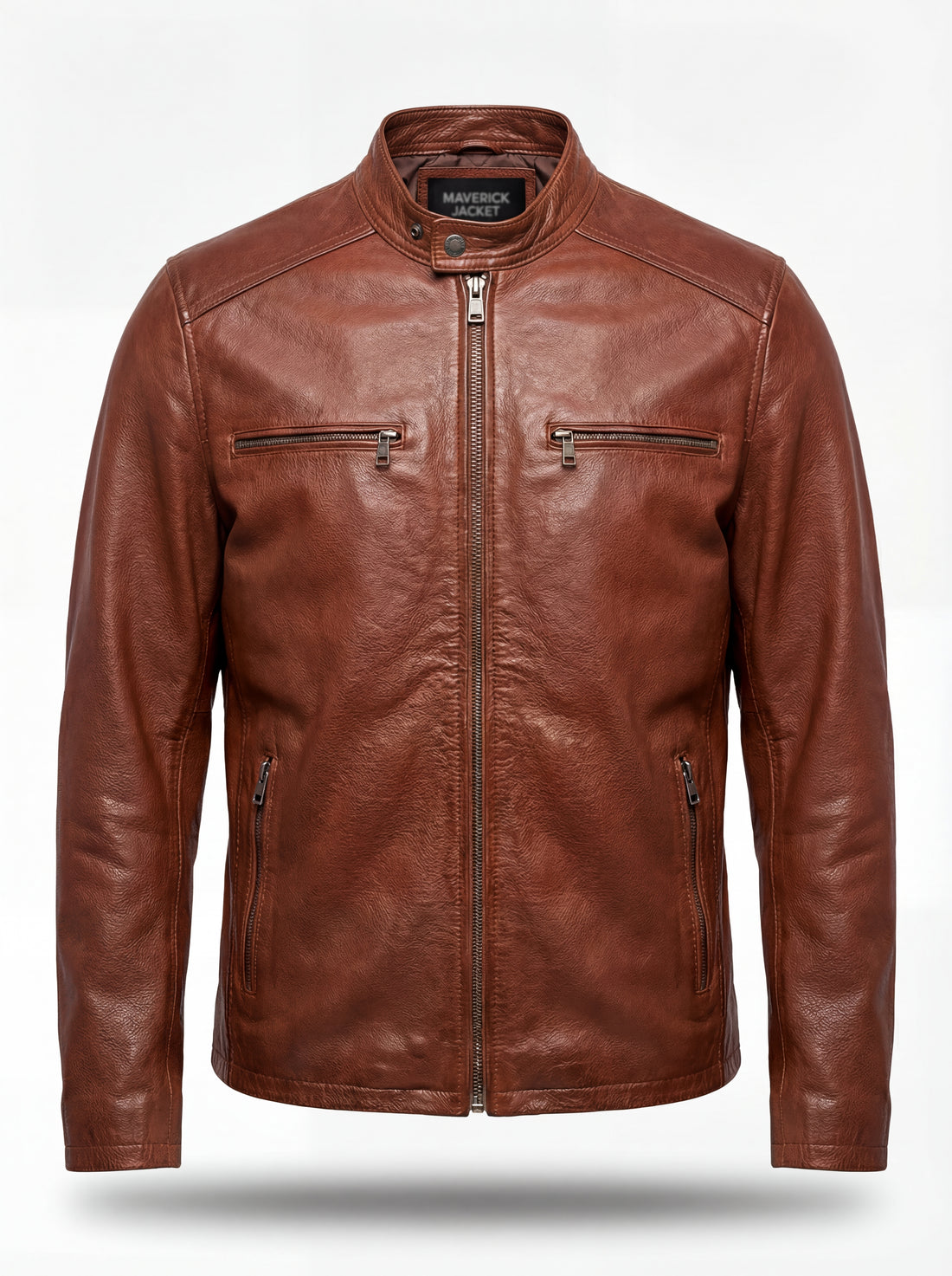 Men's brown leather cafe racer jacket with zippered chest pockets and snap-tab band collar, Front View. The Meridian by Maverick Jacket. 
