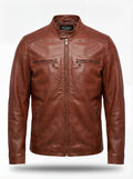 Men's brown leather cafe racer jacket with zippered chest pockets and snap-tab band collar, Front View. The Meridian by Maverick Jacket. 