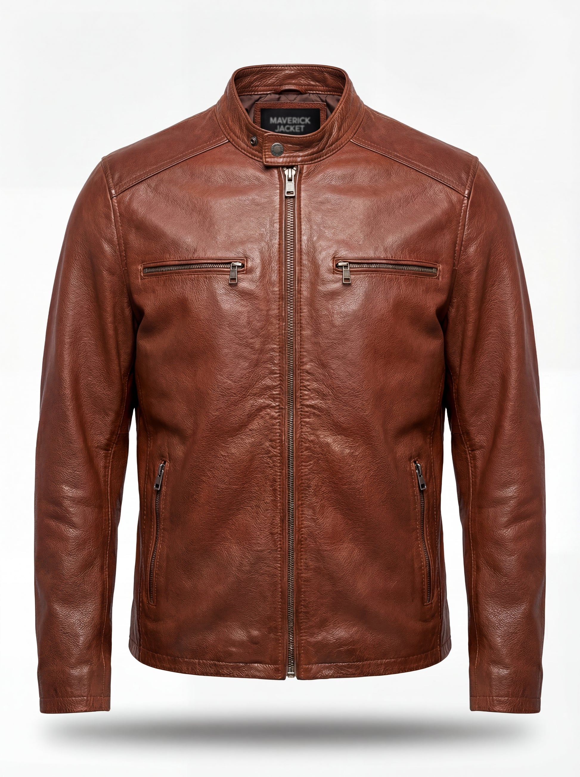 Men's brown leather cafe racer jacket with zippered chest pockets and snap-tab band collar, Front View. The Meridian by Maverick Jacket. 