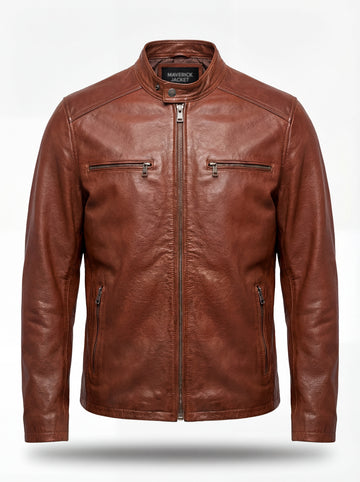 Men's brown leather cafe racer jacket with zippered chest pockets and snap-tab band collar, Front View. The Meridian by Maverick Jacket. 