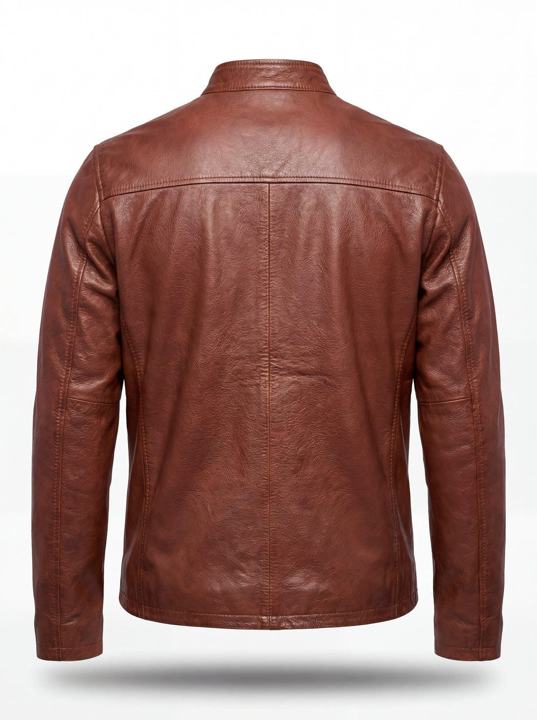 Men's brown leather cafe racer jacket with zippered chest pockets and snap-tab band collar, Front View. The Meridian by Maverick Jacket. 