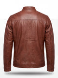 Rear view of brown leather cafe racer jacket showing horizontal shoulder yoke and vertical center back seam. The Meridian by Maverick Jacket. 