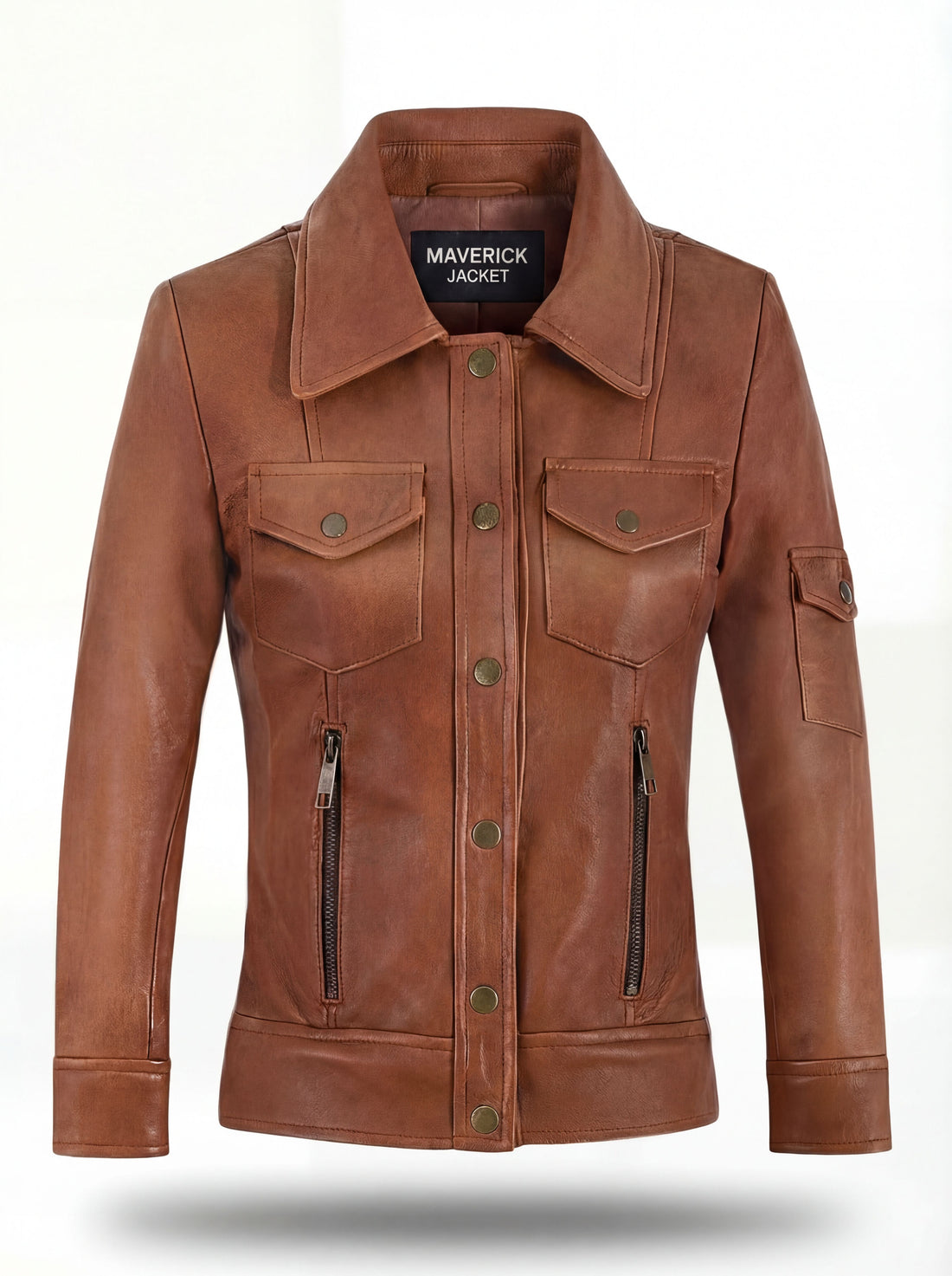 Women's tan leather utility jacket with chest flap pockets and sleeve patch pocket, Front View. The Quinn by Maverick Jacket.