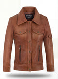 Women's tan leather utility jacket with chest flap pockets and sleeve patch pocket, Front View. The Quinn by Maverick Jacket.