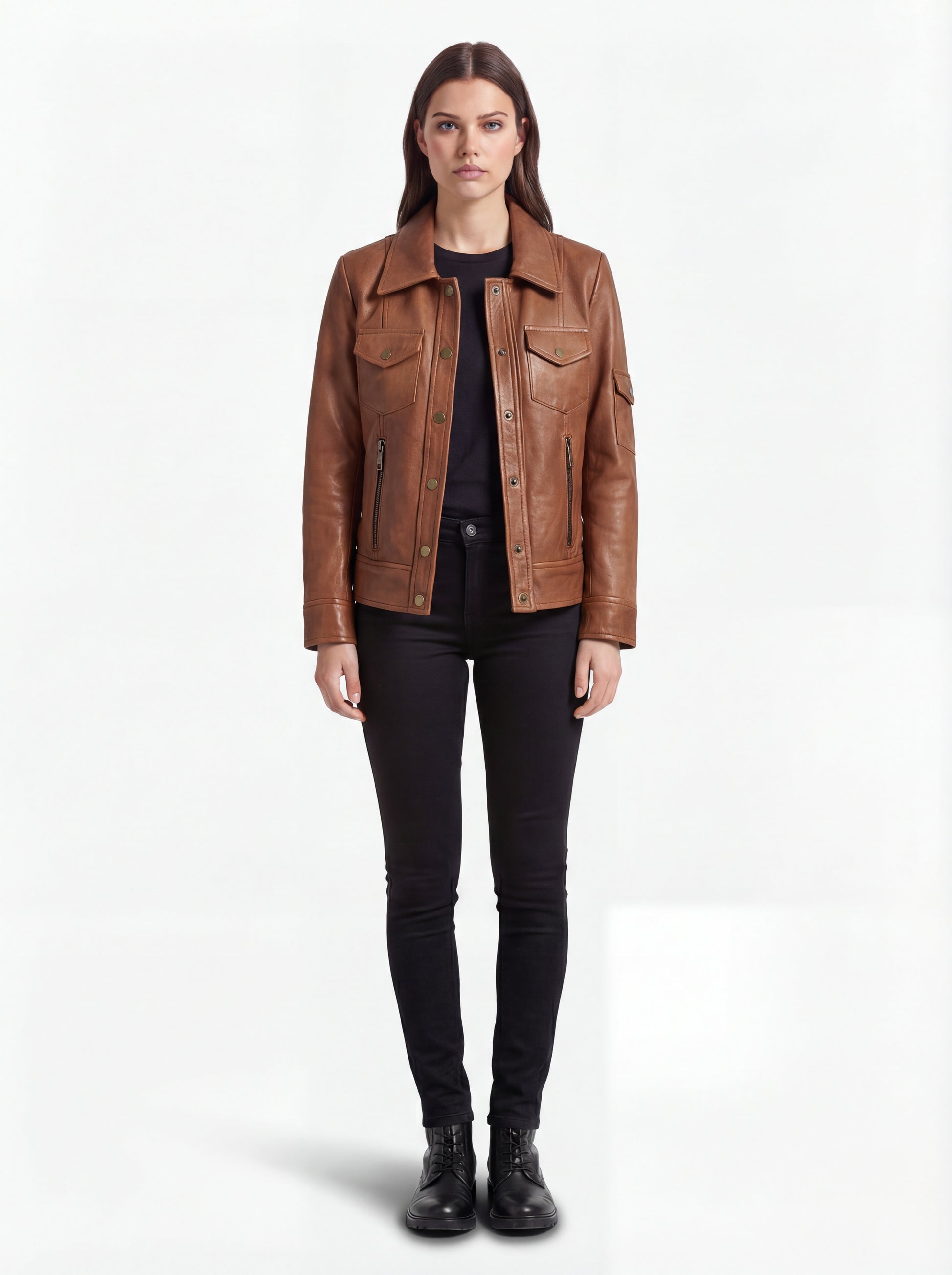 Female model wearing Maverick Quinn leather utility jacket, regular fit, styled with black skinny jeans and black top. Maverick Jacket.