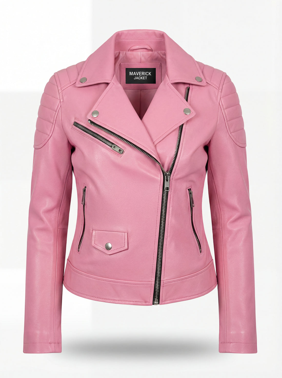 Women's pink leather biker jacket with quilted shoulder panels and asymmetrical silver zipper, Front View. The Harlow by Maverick Jacket.