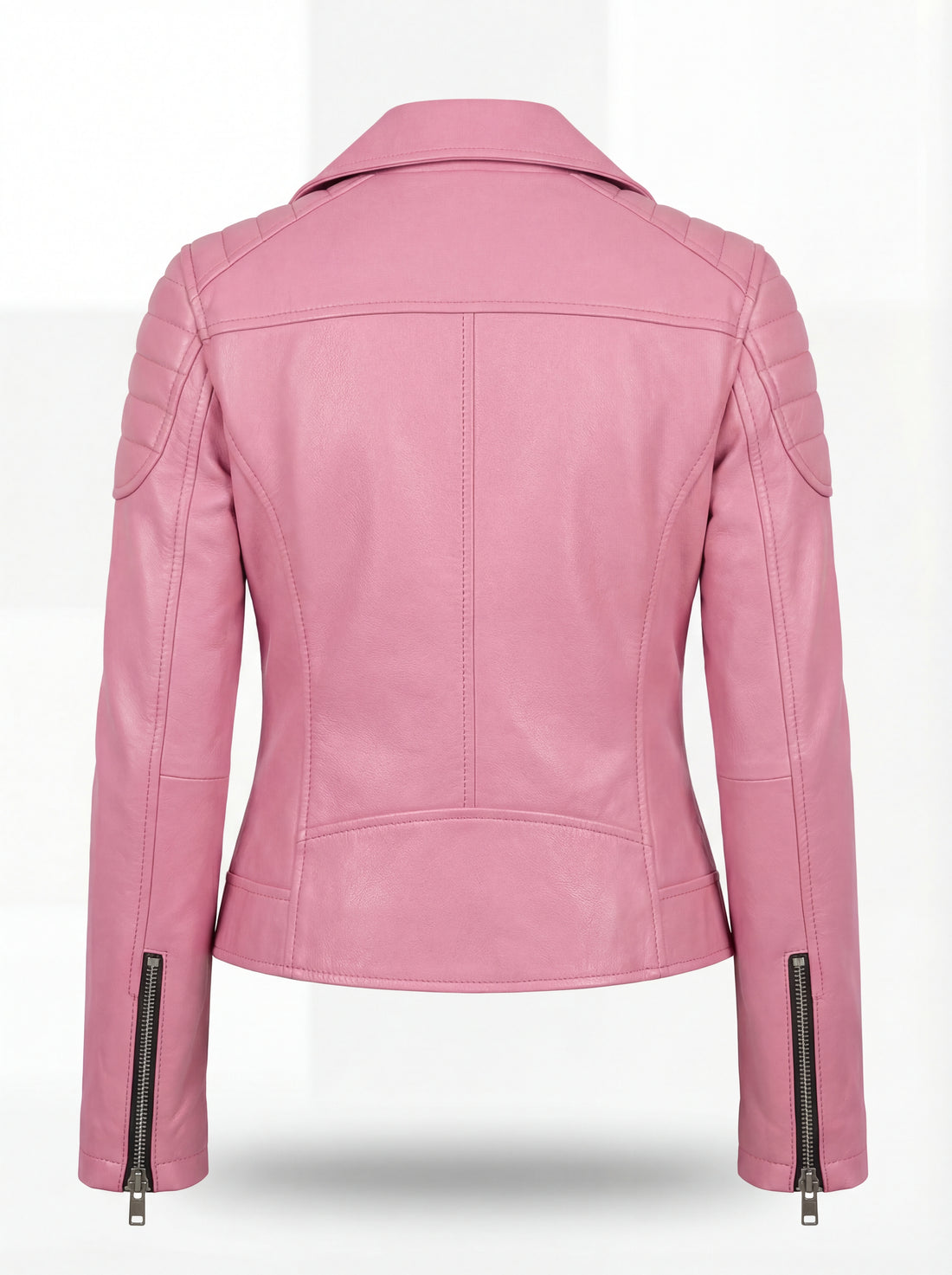 Women's pink leather biker jacket with quilted shoulder panels and asymmetrical silver zipper, Front View. The Harlow by Maverick Jacket.