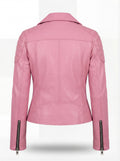 Rear view of pink leather biker jacket showing quilted shoulder details and fitted back paneling. The Harlow by Maverick Jacket.