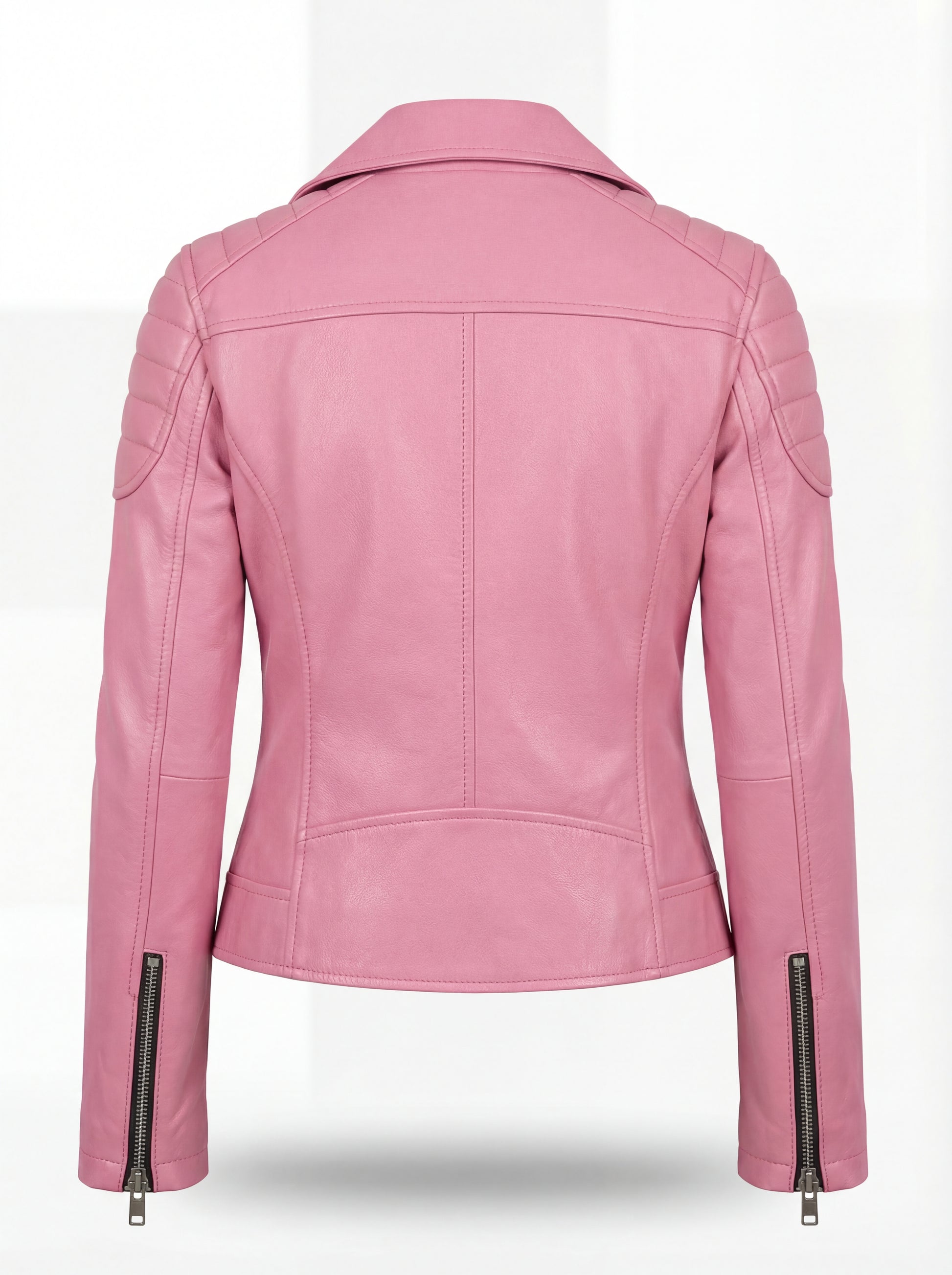 Rear view of pink leather biker jacket showing quilted shoulder details and fitted back paneling. The Harlow by Maverick Jacket.