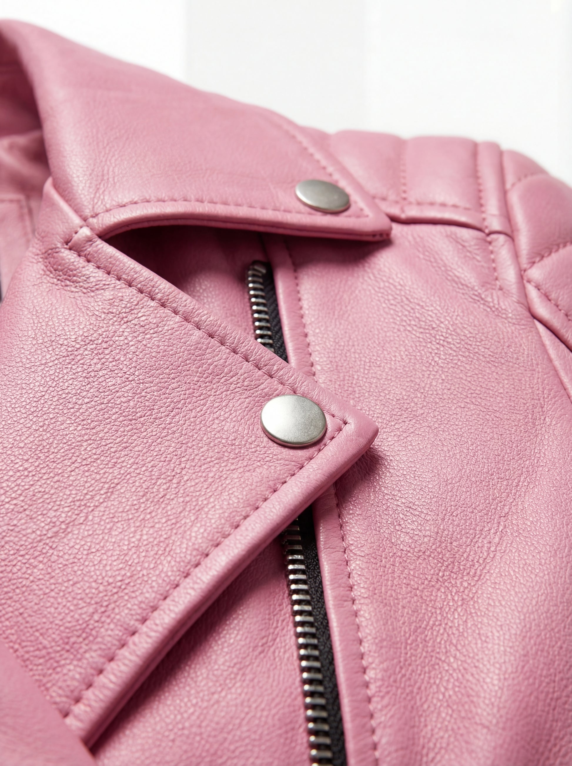 Macro shot of grained pink leather texture and silver snap button lapel detail on biker jacket. The Harlow by Maverick Jacket.
