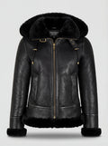 Women's black pebbled leather hooded shearling jacket with gold drawstring toggles and fur trim, Front View. The Kira by Maverick Jacket.