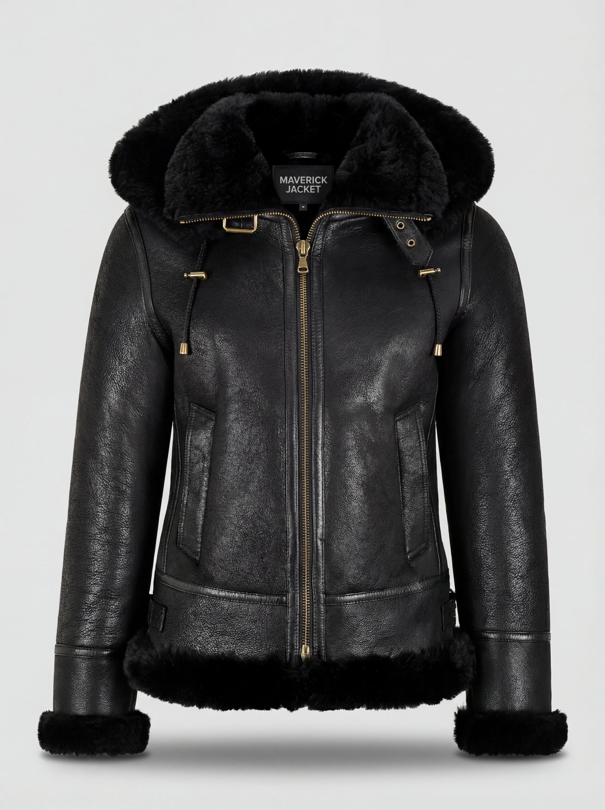 Women's black pebbled leather hooded shearling jacket with gold drawstring toggles and fur trim, Front View. The Kira by Maverick Jacket.