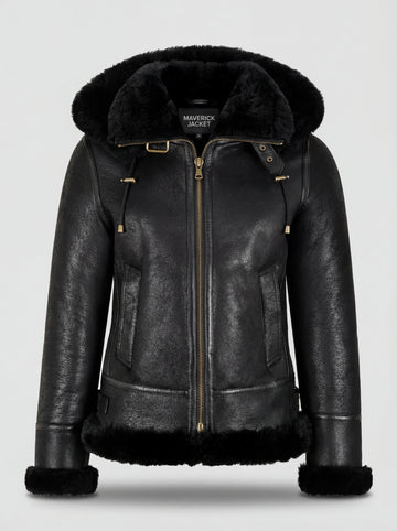 Women's black pebbled leather hooded shearling jacket with gold drawstring toggles and fur trim, Front View. The Kira by Maverick Jacket.