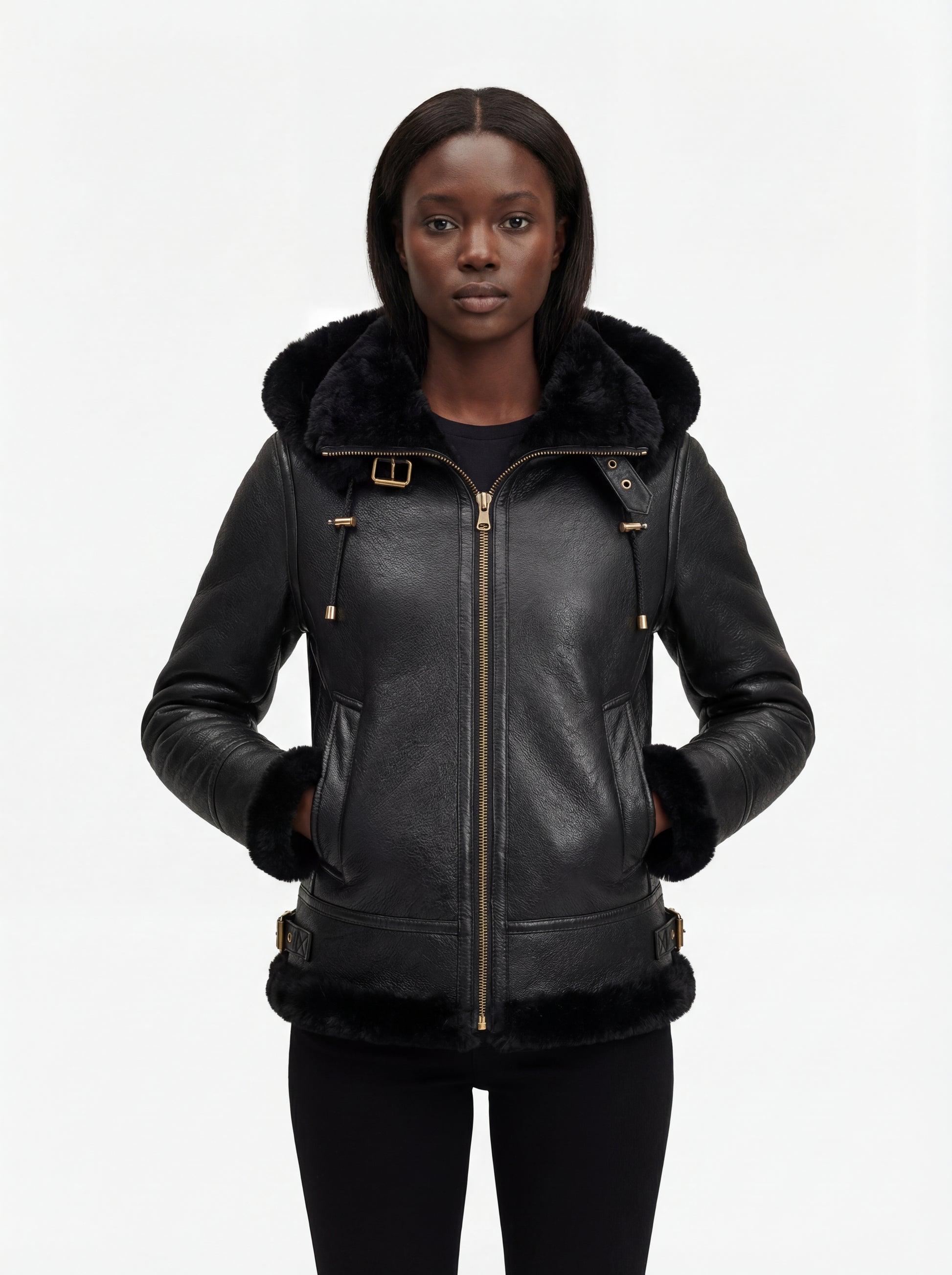 Female model wearing Maverick Kira hooded shearling jacket, slim fit, styled with black skinny jeans. Maverick Jacket.