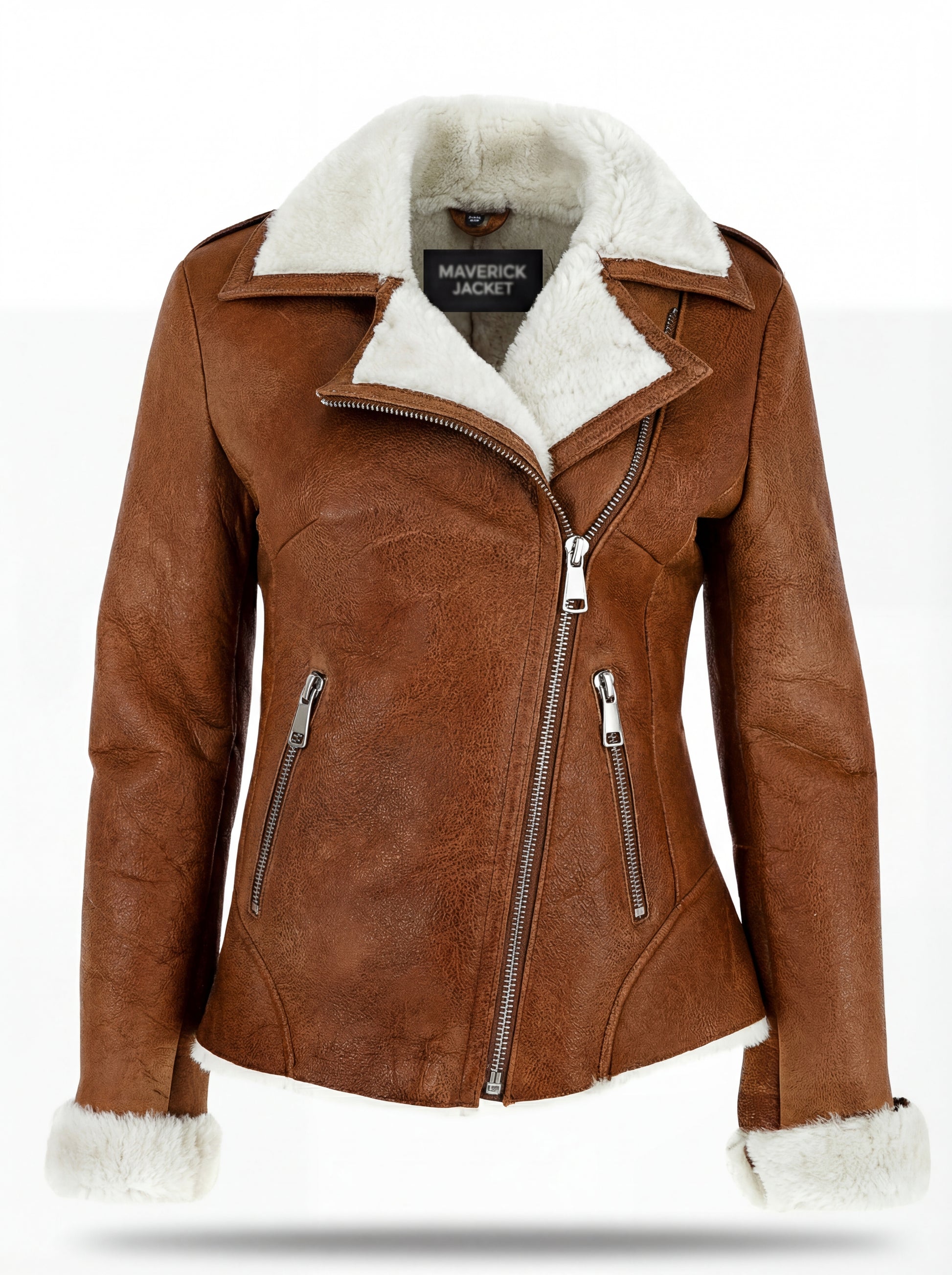 Women's whiskey distressed leather shearling biker jacket with white fur notched lapels and asymmetric silver zipper, Front View. The Astra by Maverick Jacket.