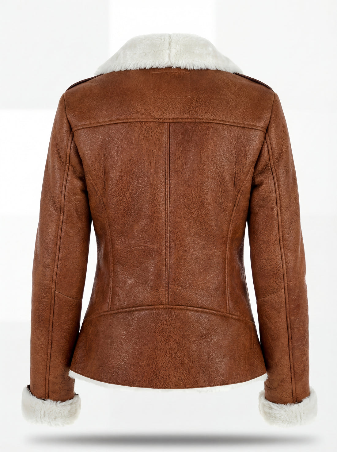 Women's whiskey distressed leather shearling biker jacket with white fur notched lapels and asymmetric silver zipper, Front View. The Astra by Maverick Jacket.