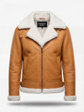 Women's camel pebbled leather shearling aviator jacket with white fur notched collar and silver buckle straps, Front View. The Flare by Maverick Jacket.
