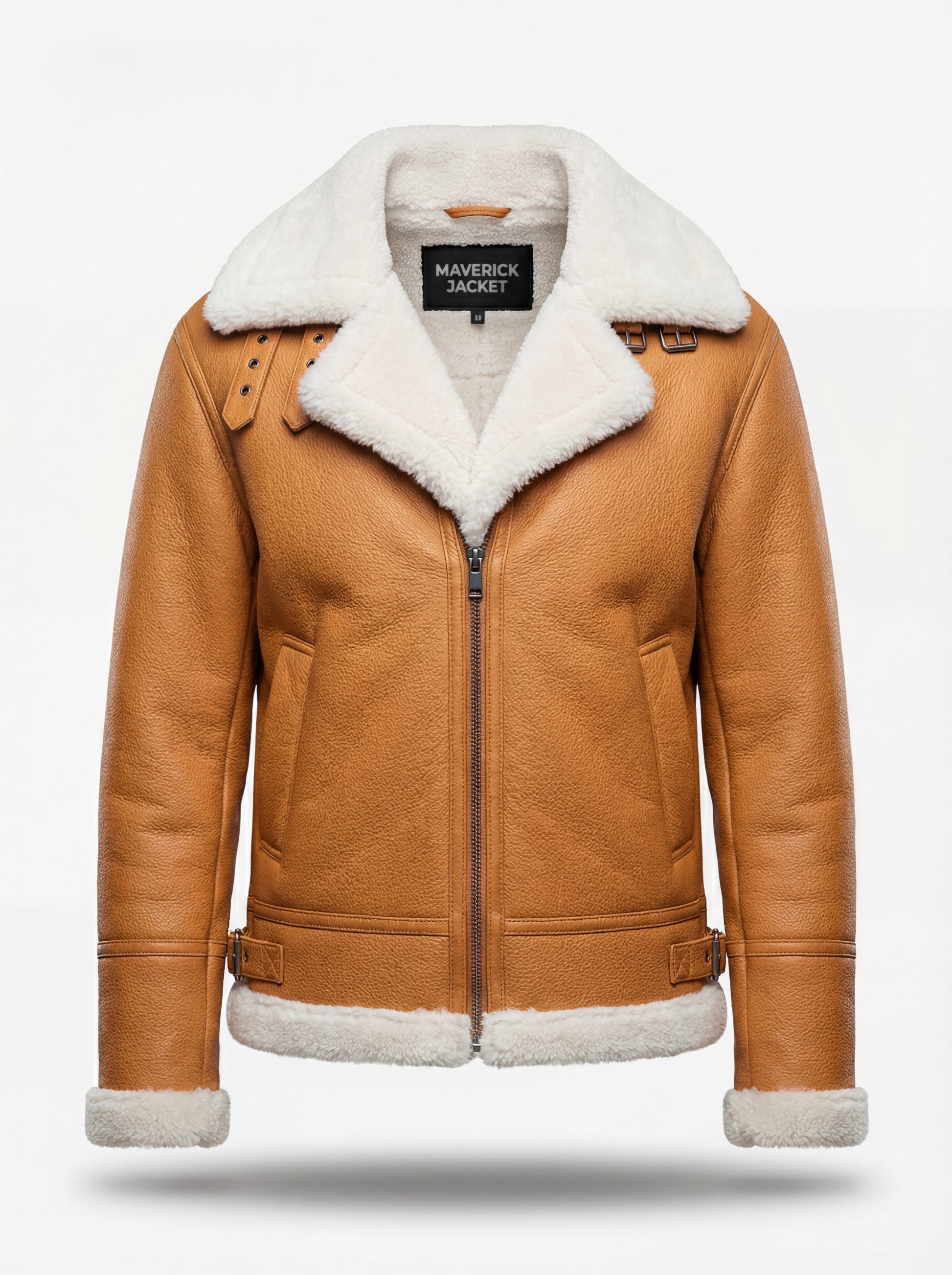 Women's camel pebbled leather shearling aviator jacket with white fur notched collar and silver buckle straps, Front View. The Flare by Maverick Jacket.