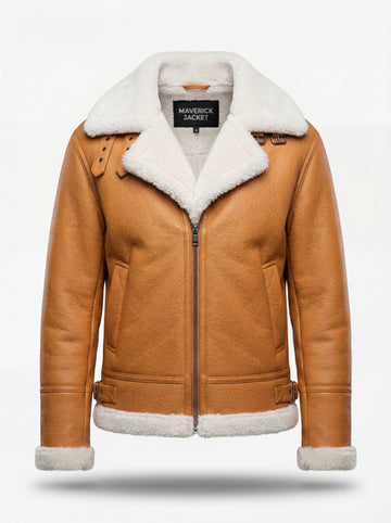 Women's camel pebbled leather shearling aviator jacket with white fur notched collar and silver buckle straps, Front View. The Flare by Maverick Jacket.