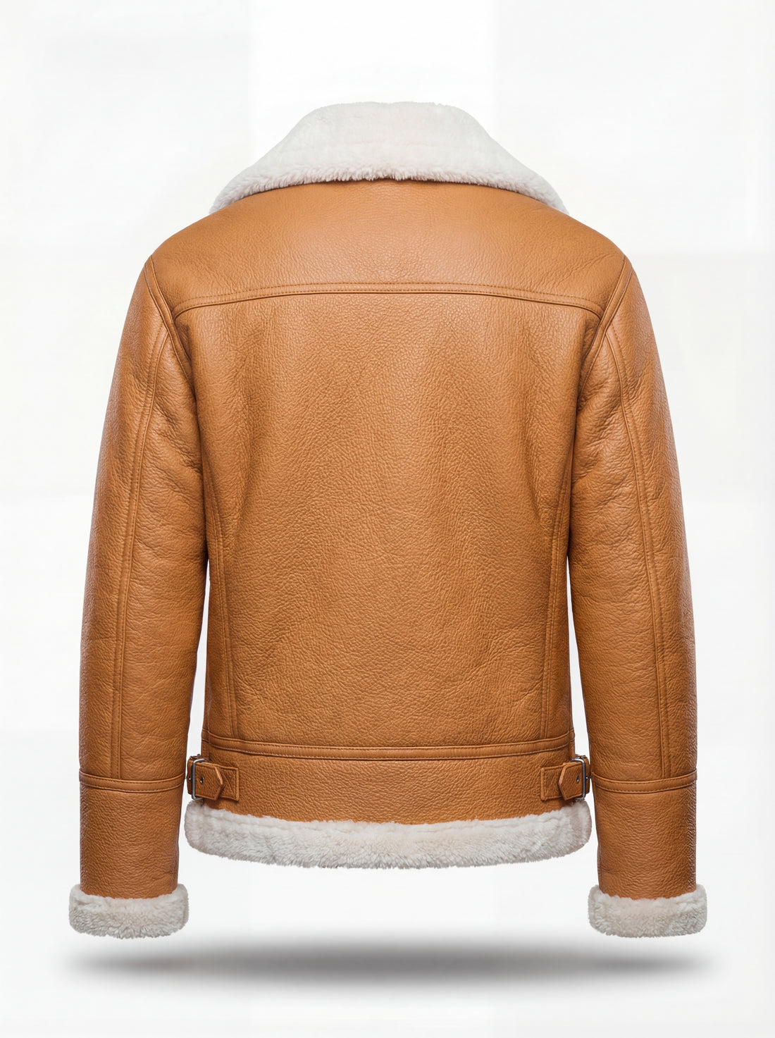 Women's camel pebbled leather shearling aviator jacket with white fur notched collar and silver buckle straps, Front View. The Flare by Maverick Jacket.