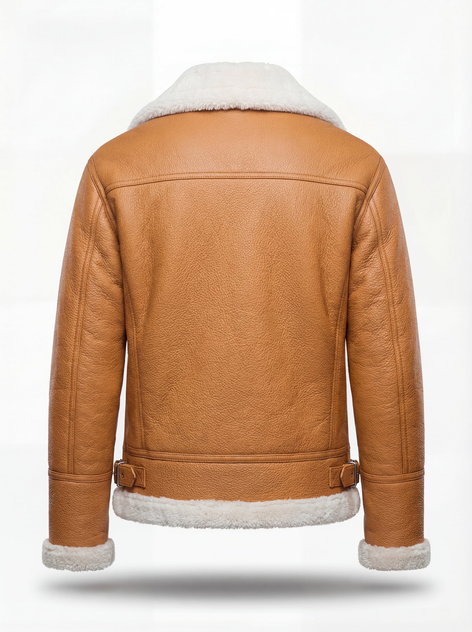 Rear view of camel pebbled leather aviator jacket showing structured shoulder yoke and adjustable waist buckles. The Flare by Maverick Jacket.